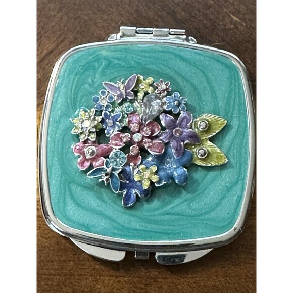 Other - Vintage Silver Tone Enamel Butterfly Compact two Mirror's with Crystals Resin